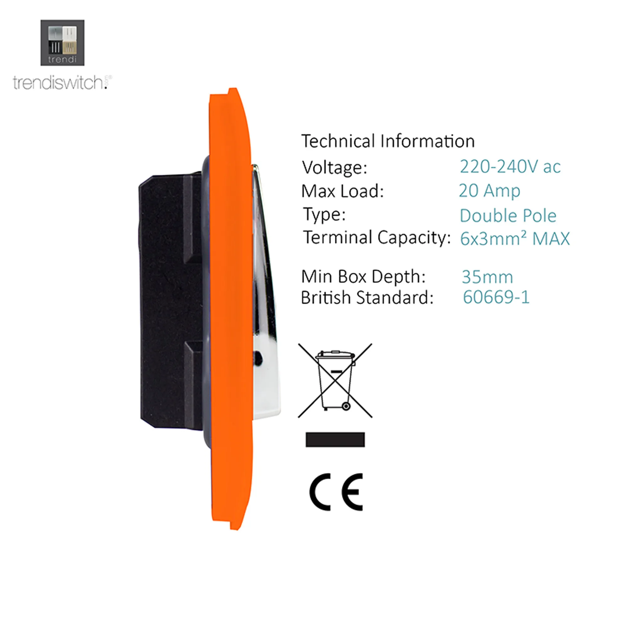 20 Amp Neon Insert Double Pole Switch Orange ART-WHS1OR  Trendi Orange